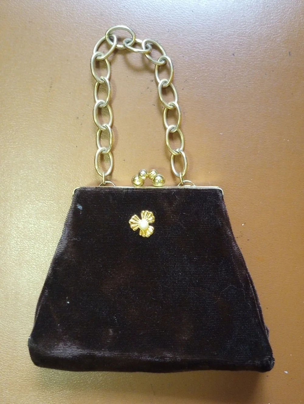 Vintage Retro Chocolate Brown Velvet Girl's Purse w/ Gold & Pearl Floral Accent